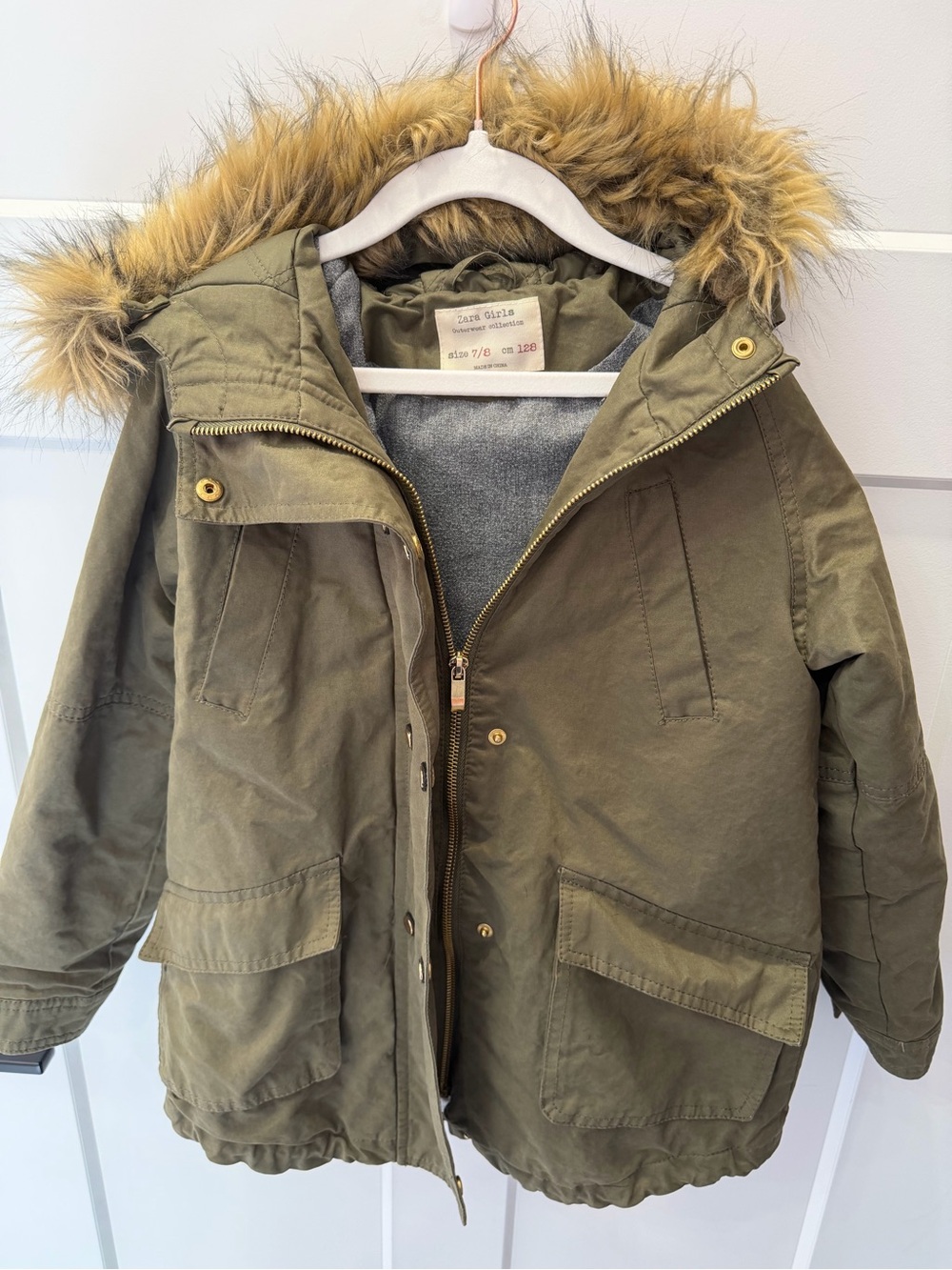 Zara Girls Olive Green Fur-Trim Parka — Size 7/8